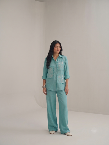 Cyan Linen Embroidered Cord Set