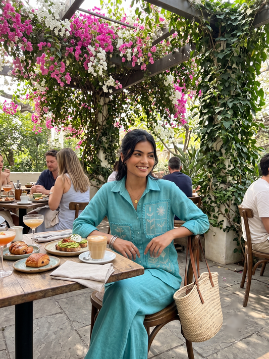 Cyan Linen Embroidered Cord Set